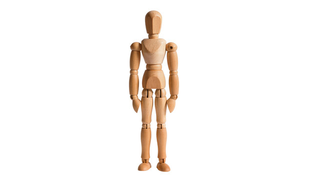 Wooden artist mannequin figure standing straight, isolated on transparent background