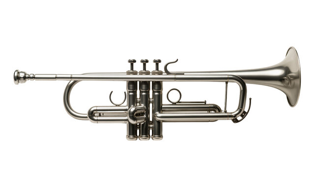 Shiny silver trumpet with three valves, isolated on transparent background