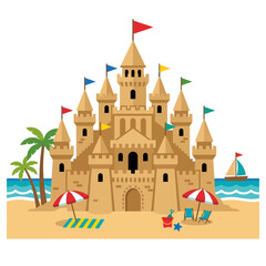 Fototapeta premium Majestic Sandcastle on a Sunny Tropical Beach with Vacation Elements