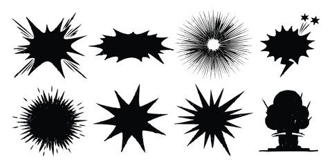 Set of black comic book explosion shapes and speech bubbles for action effects © Sharmin