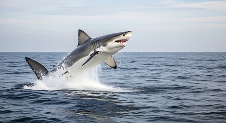 Fototapeta premium Great white shark leaping from ocean water against a cloudy sky