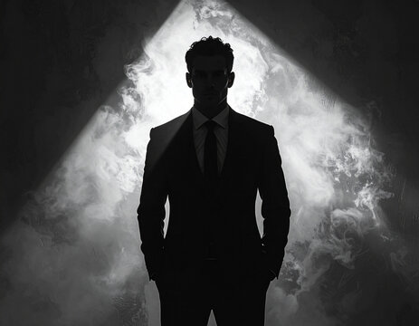 Silhouette of a man in a suit standing in dramatic light and smoke