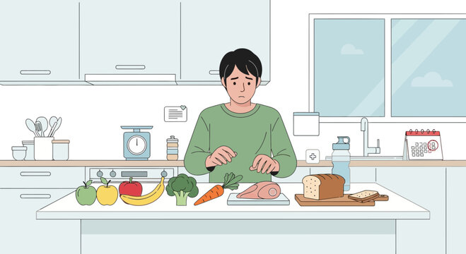 Sad Man in Kitchen with Healthy Food Choices and Weighing Scale Concept