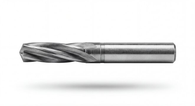 Spiral metal reamer cutting tool floating on white background