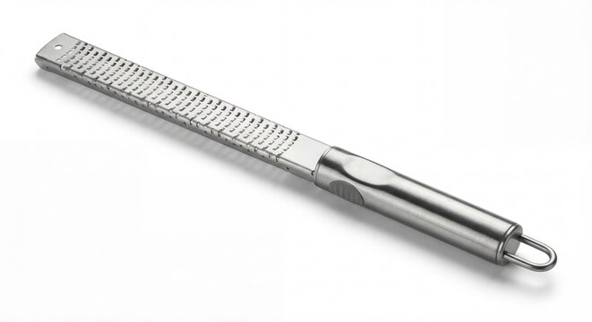 Stainless steel zester grater kitchen tool on white background