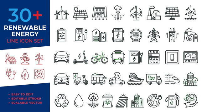 A comprehensive vector icon collection illustrating sustainable and eco-friendly technologies for future power generation and environmental conservation