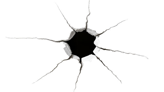 Cracked concrete surface with radiating fissures, isolated on transparent background