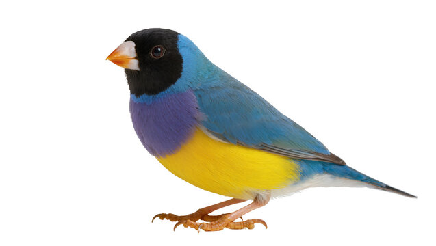 Colorful Gouldian finch bird with black head purple chest and yellow belly, isolated on transparent background