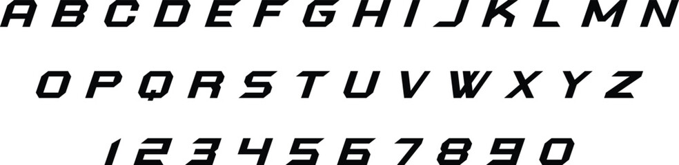 Modern sporty italic alphabet and numbers set in bold geometric style. Dynamic racing-inspired typeface with sharp angles and strong forward motion. Clean vector lettering ideal for branding, © Parul