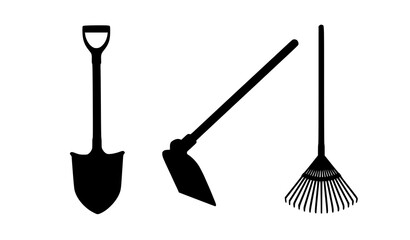 Black silhouettes of a shovel trowel and rake on a white background for gardening and landscaping projects © MdMursalin