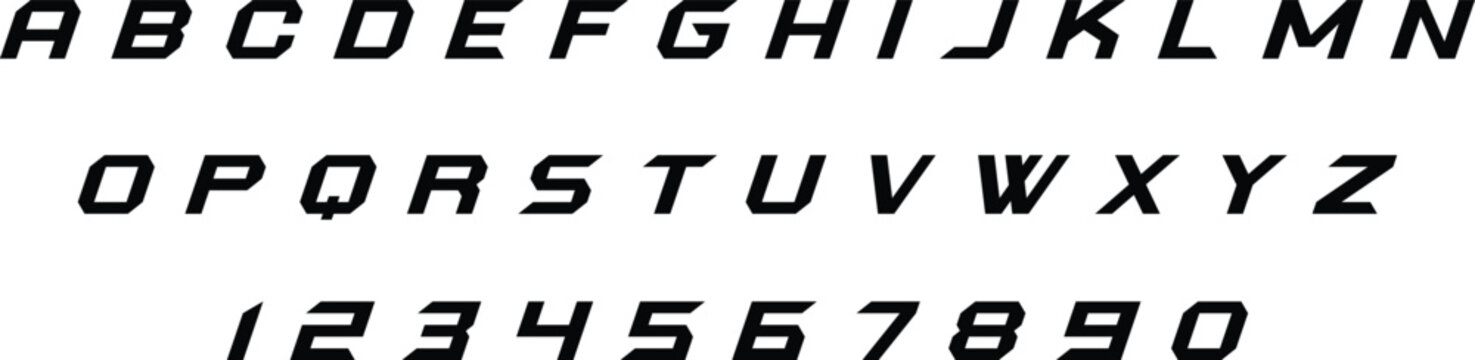Modern sporty italic alphabet and numbers set in bold geometric style. Dynamic racing-inspired typeface with sharp angles and strong forward motion. Clean vector lettering ideal for branding,