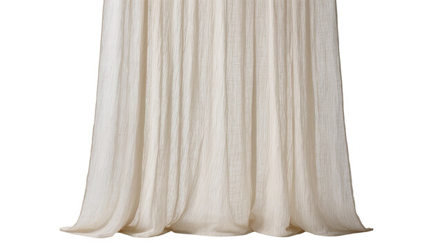 Sheer ivory textured fabric curtain with vertical pleats, isolated on transparent background