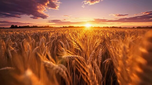 Golden wheat field at sunset landscape.