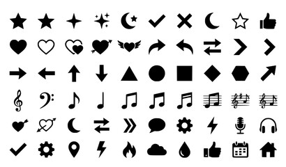 Collection of 54 black icons on white background including music symbols arrows shapes and social media signs © MdMursalin