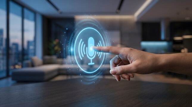 A hand interacting with a holographic microphone icon, representing digital voice command, speech recognition, and futuristic user interaction in AI-enabled interfaces.