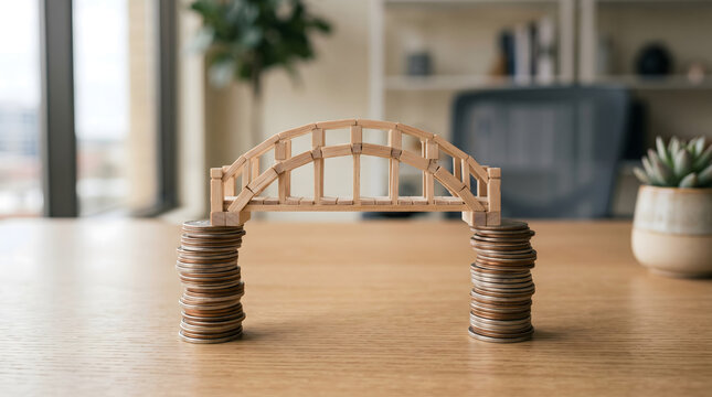 A miniature bridge built from wooden blocks connecting two stacks of coins, representing financial solutions, bridging investments, and strategic money management concepts.