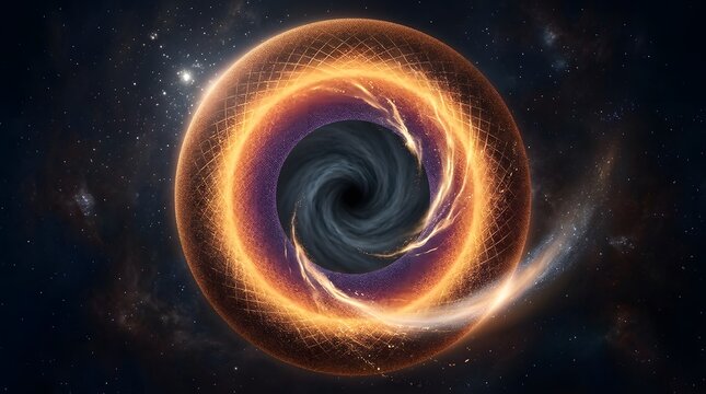 Cosmic Vortex: A stylized, energetic representation of a cosmic vortex, suggesting immense gravitational pull and the mysteries of space, rendered in a digital art style.