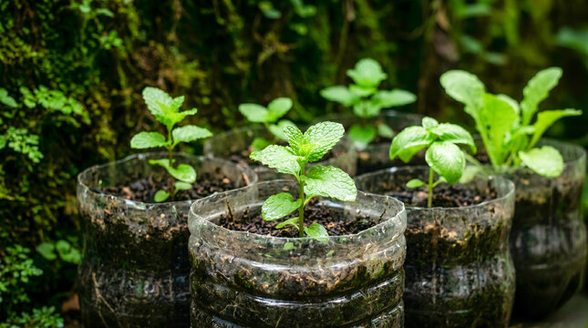 Young green plants and herbs growing inside recycled plastic bottles used as makeshift pots, set against a lush, mossy natural background.