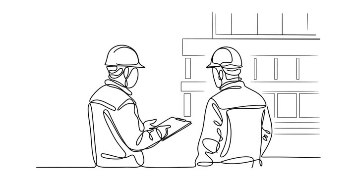 Continuous line drawing of two construction workers in hard hats looking at a building plan Vector, illustration