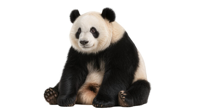 Fluffy giant panda bear sitting peacefully, isolated on transparent background