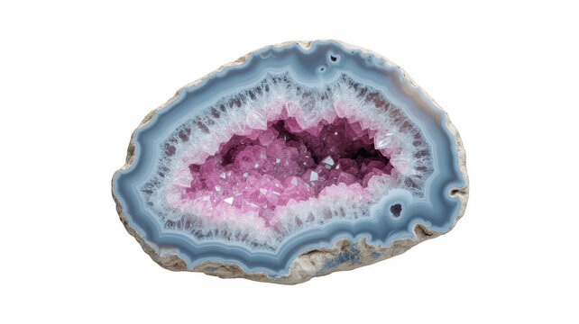 A polished geode slice with pink crystals and blue banding isolated on a transparent background