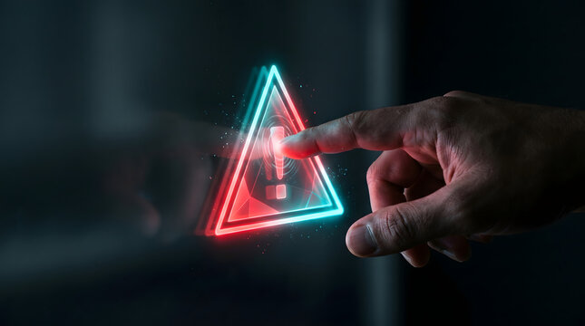 Hand pressing glowing holographic warning triangle for fraud alert and cybersecurity risk reporting