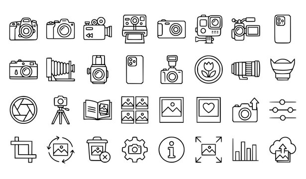 Collection of photography and editing related icons in a simple line style