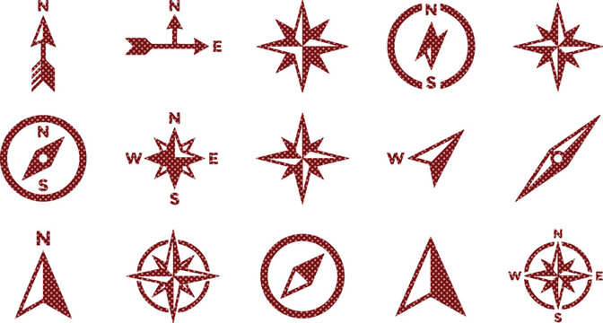 Vintage compass rose icons, set of 15 nautical wind rose symbols, antique map navigation elements, brown cardinal direction pointers for cartography isolated on White Background