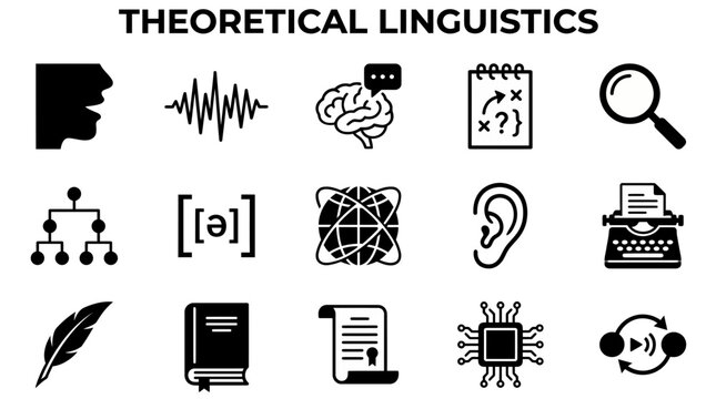 Collection of icons representing various aspects of theoretical linguistics, including phonetics, syntax, semantics, and research.