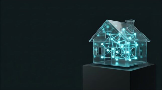 3D Glass House with Cyan IoT Nodes Charcoal Copy Space