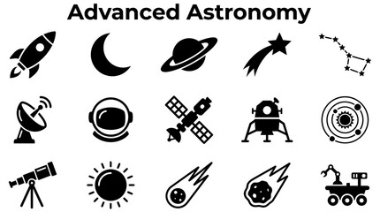 A collection of black and white icons representing various elements of advanced astronomy and space exploration, including celestial bodies, spacecraft, and observational tools. © Julian Vance