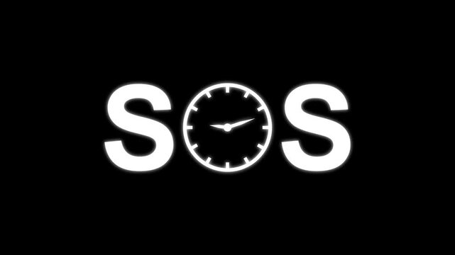 SOS text with clock replacing letter O loop animation on black background representing time emergency concept