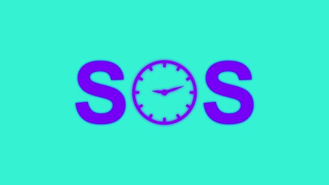 SOS text with clock replacing letter O loop animation on cyan background representing time emergency concept