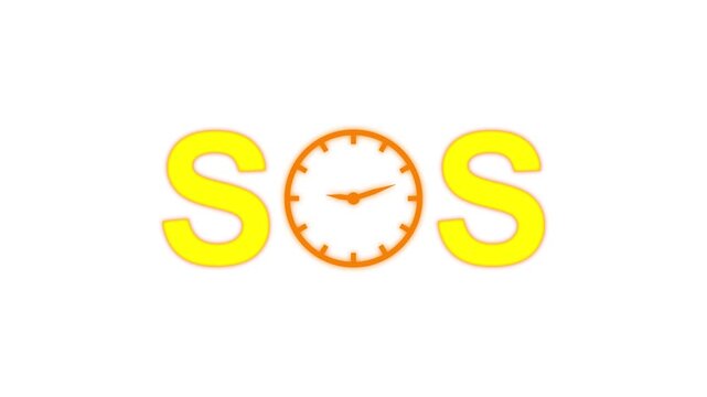 SOS text with clock replacing letter O loop animation on white background representing time emergency concept
