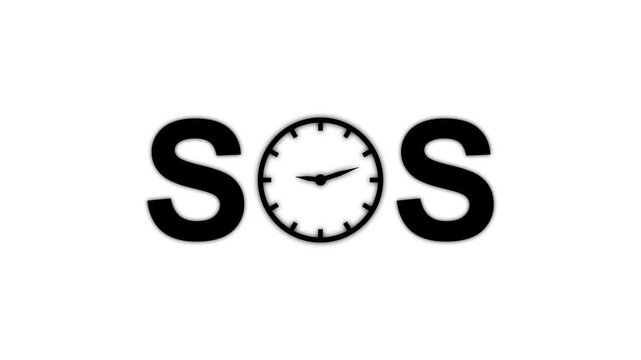 SOS text with clock replacing letter O loop animation on white background representing time emergency concept