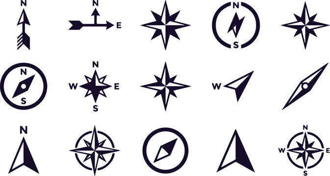 Compass rose and north arrow icons, set of 15 black vector navigation symbols, nautical wind rose and directional map markers for cartography isolated on White Background