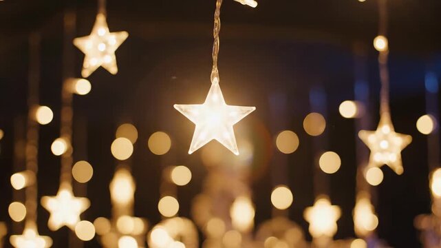 Close-up of glowing star light on festive garland. Holiday decoration with magical bokeh effect on dark background