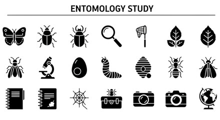 A comprehensive set of black and white icons illustrating various insects, tools, and elements associated with entomology and insect study. © Julian Vance