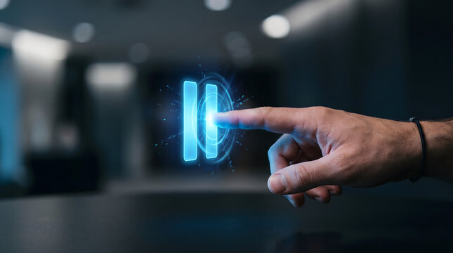 A finger tapping a flat holographic pause icon, representing pausing subscriptions or halting digital actions in interface systems