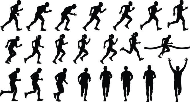 Black silhouette illustration of runner motion sequence, athletic race progression, finish line victory pose, dynamic sports concept design