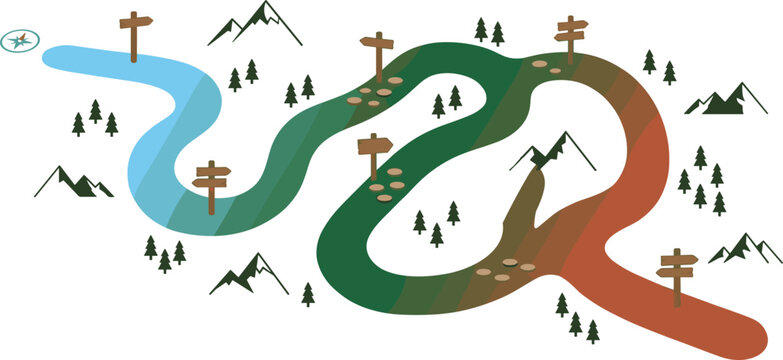 Winding Nature Trail Roadmap Vector with Mountains Trees Signposts and Compass for Business Milestones Career Growth Planning and Adventure Strategy Map