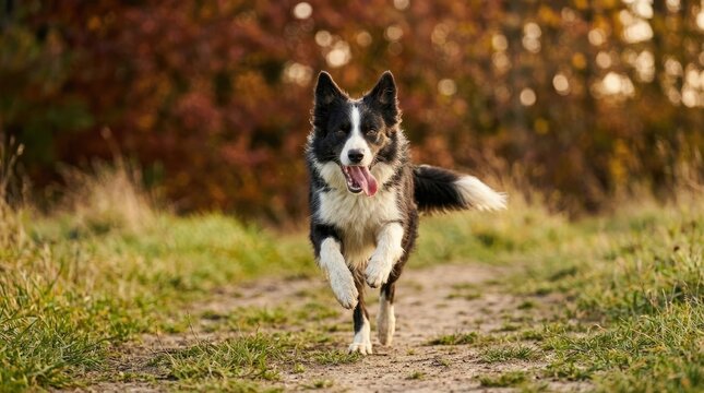 Energetic border collie running towards camera on rural path during autumnal sunlight