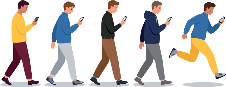 Young Men Walking and Running While Using Smartphones Set for Mobile App Addiction and Digital Communication Designs