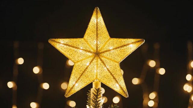 Glowing gold star Christmas tree topper. Festive holiday decoration with glitter texture on dark background with bokeh lights