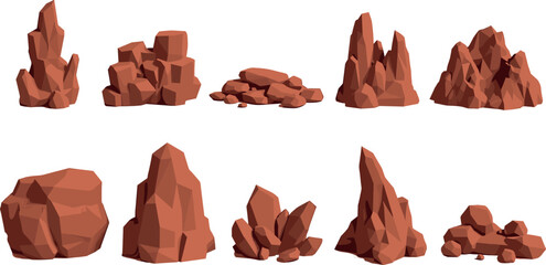 Low Poly Red Rock and Stone Vector Set with Desert Mountain Formations for Game Environment UI Landscape Designs © MdRaisul