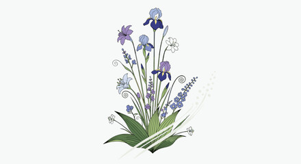 Obraz premium Beautiful bouquet of purple and blue iris flowers with lilies and green leaves isolated on a plain white background.