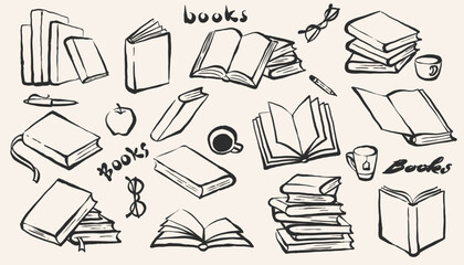 Hand drawn doodle book set. Sketch vector illustration of books in ink minimalistic style for wall art, poster or placard. Hand drawn vector illustration. © mr_bachinsky