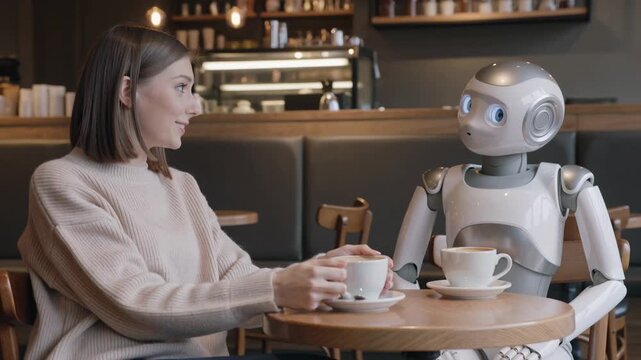 Human and Robot Collaboration in a Cafe: A woman shares a coffee break with a humanoid robot in a cozy cafe.