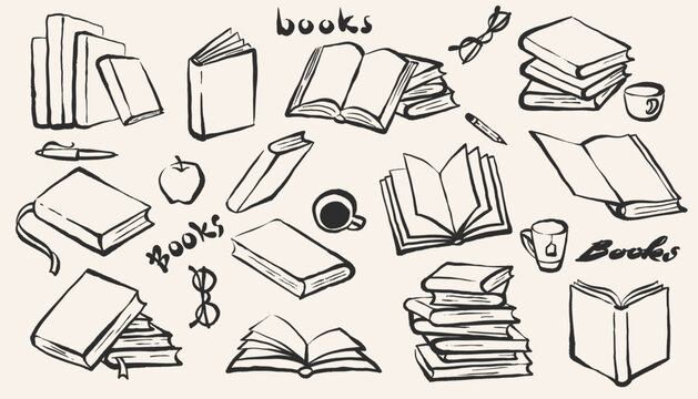 Hand drawn doodle book set. Sketch vector illustration of books in ink minimalistic style for wall art, poster or placard. Hand drawn vector illustration.