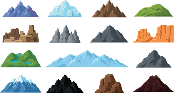 Mountain Peak Iceberg and Rock Ridge Vector Icon Set with Diverse Landscape Elements for Game Map Designs